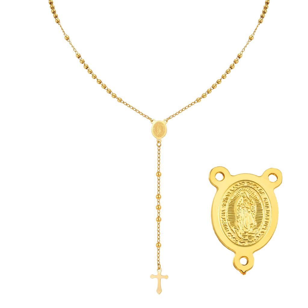 Stainless Steel Rosary Necklace For Wome, Long Chain Virgin Mary Y-shape Gold Plated Catholic Religious Jewelry