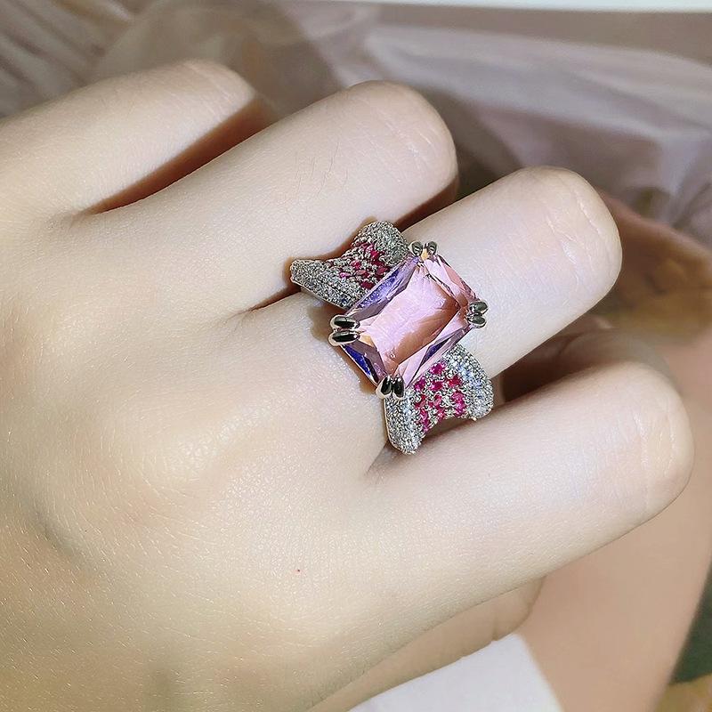 Серебряное кольцо с розовым бриллиантом высокой четкости, женское, с открытием, кольцо с розовым драгоценным камнем на четырех крапанах, женское, для вечеринки, подарок на день рождения