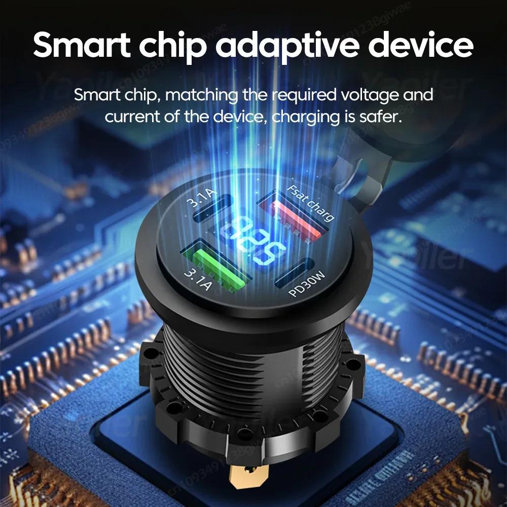 Новое автомобильное зарядное гнездо USB с двумя портами Type-C и USB-A, водонепроницаемое, со светодиодным вольтметром, быстрая зарядка 12 В/24 В для мотоадаптера