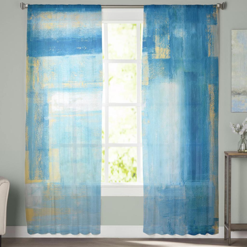 Абстрактная картина маслом синие прозрачные шторы для гостиной спальни домашний декор кухня тюль для окон вуаль шторы