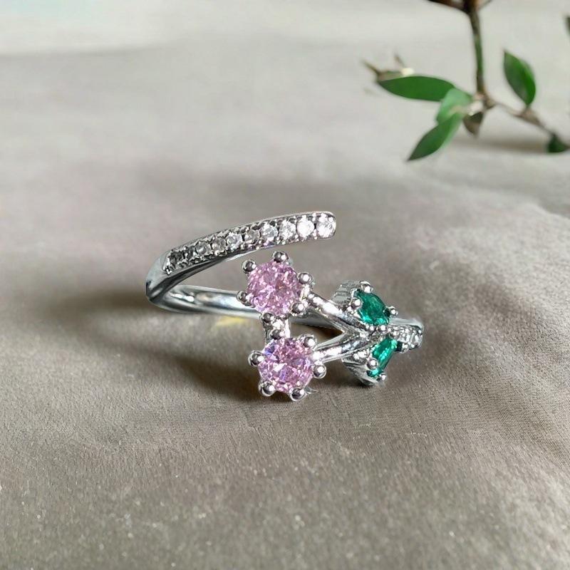 Sweet Pink Diamond Ice Flower Full Of Diamonds Zircon Temperament Flower Opening Ring Niche Design Sense Light Luxury High Sense Ring