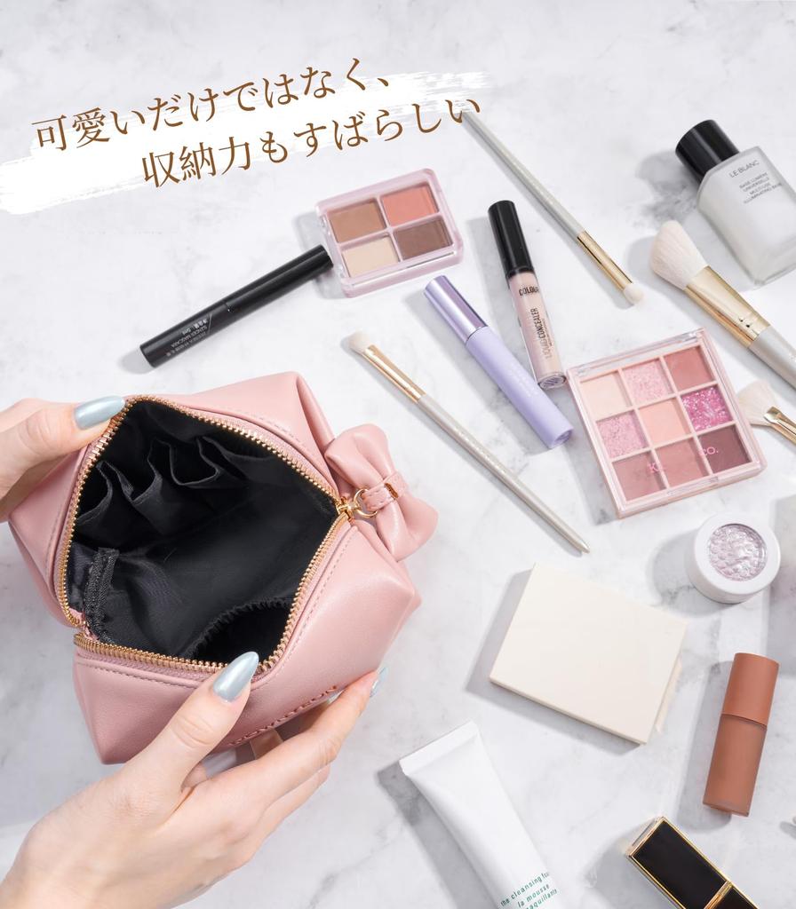 Rownyeon Portable Makeup Cute Ribbon Korean PU Birthday Gift Pouch, Design, Compact, Multi-Compartment, Style, Water-Repellent Leather, Mini, Small,