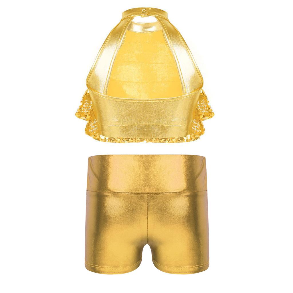 Girls Mock Neck Sleeveless Sequin Crop Top Tiered Shiny Metallic Shorts Stage Dance Outfit