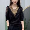 Elegant V-Neck Spliced Lace Gauze Diamonds Blouses Women's Clothing Autumn Winter Loose All-match Tops Office Lady Shirts