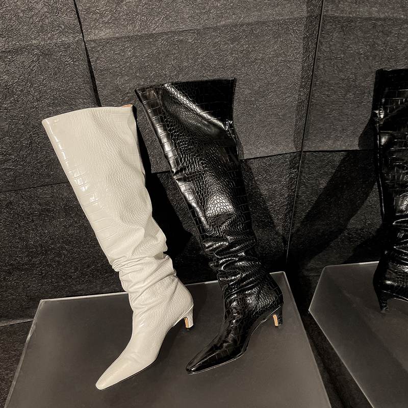 Krazing Pot Осенне-зимняя обувь из искусственной кожи, туфли без шнуровки на среднем каблуке с квадратным носком, женские сапоги до бедра со плиссированной отделкой и украшением