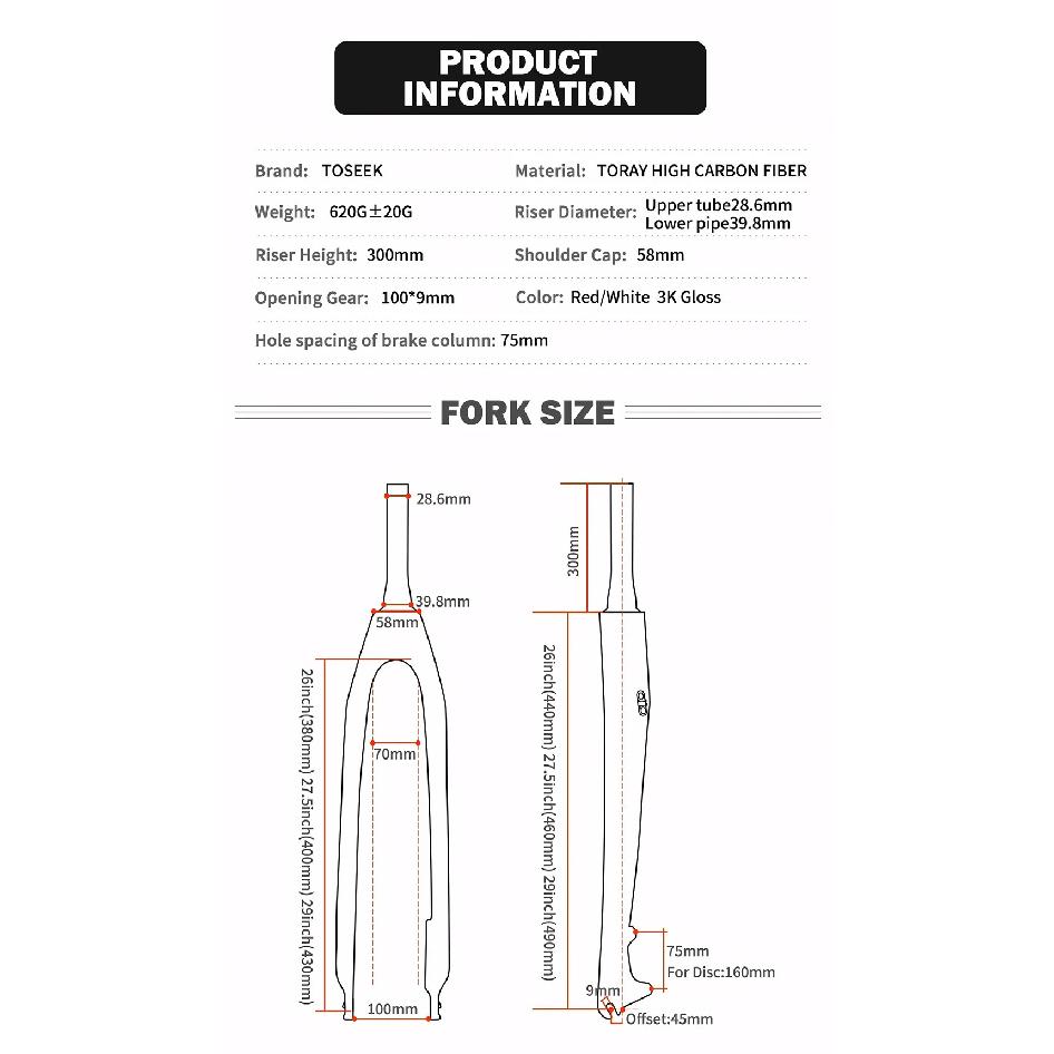 TOSEEK 26 27.5 29 Carbon Fiber Bicycle Fork,Tapered Tube Disc Brake Front Fork for Bicycle,MTB Rigid Fork,Mountain Bike Fork