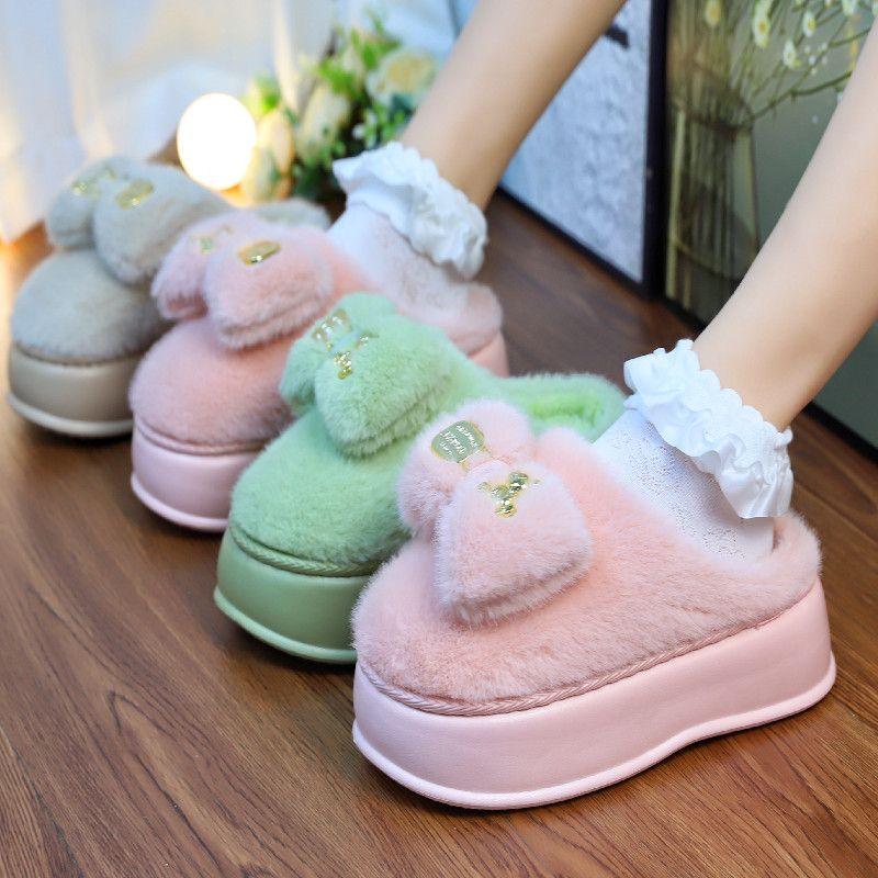 Новые пушистые тапочки с бантом для женщин, зимние теплые меховые шлепанцы, женские тапочки-облака, теплые плюшевые тапочки для девочек-подростков на платформе, домашняя обувь