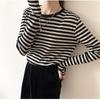 Женские полосатые футболки с длинным рукавом Женская уличная одежда Осень Весна Хлопковые футболки Топы Свободная футболка в корейском стиле