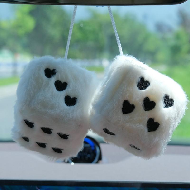 Fuzzy Plush Dice 1 Pair Auto Plush Dice Pendant Heart-shaped Embroidery Pattern Dice Pendant For Home And Workplace Decoration