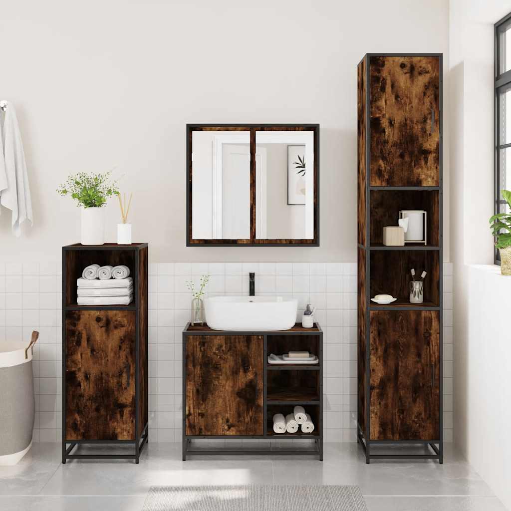 2 Piece Bathroom Furniture Set Smoked Oak Wood Based Panel