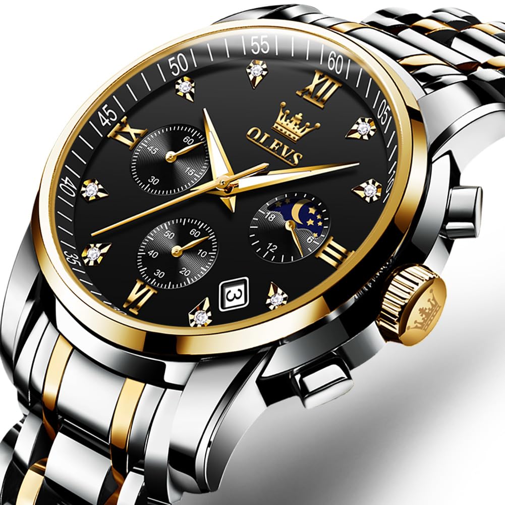 Часы OLEVS, кварцевые, водонепроницаемые, с подсветкой, дата, нержавеющая сталь, мужские, фазы Луны, простые, модные, мужские, черные