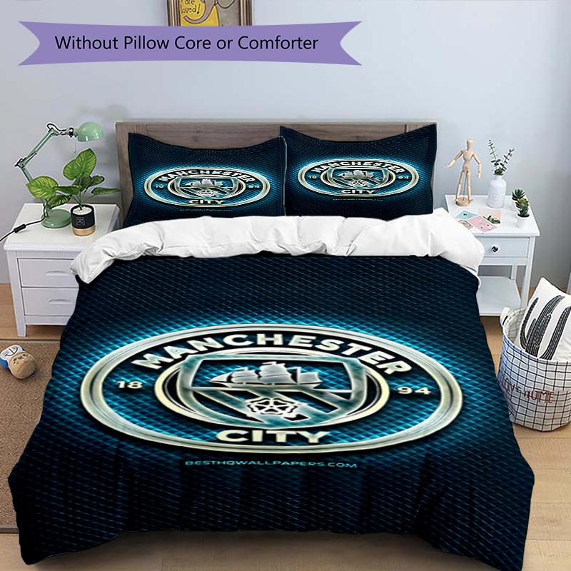3pcs Duvet Cover Set (1*Duvet Cover + 2*Pillowcase, Without Core),Manchester City FC Print Bedding Set, Bedroom Decor, All‑Season, Birthday Gift