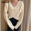 Осенний корейский шикарный тонкий свитер с тонкой талией, повседневный модный сексуальный свитер с перекрестным v-образным вырезом, вязаный топ на одно плечо с длинными рукавами