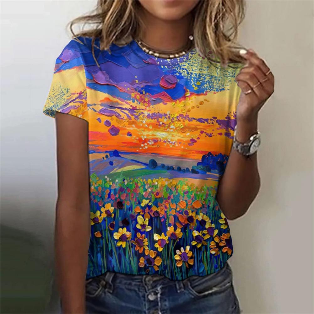 Flower Plants Pattern T-Shirt For Women Colorful Floral 3D Printed Tees Summer Harajuku Street O-Neck Tops Short Sleeve T Shirts