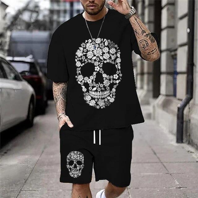Летняя мужская футболка с принтом черепа, комплект уличной одежды на тему Хэллоуина, свободные дышащие футболки большого размера Y2K, шорты с короткими рукавами и шорты