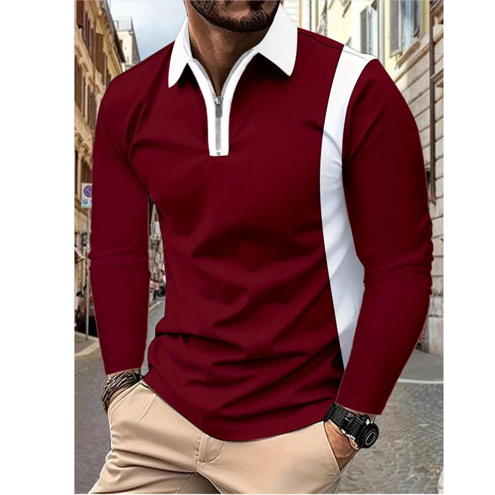 Spring Men's Clothes Contrast Color Fashion Polo Shirts Long Sleeve Turn-down Collar Tops Soft Breathable Casual Zipper Pullover
