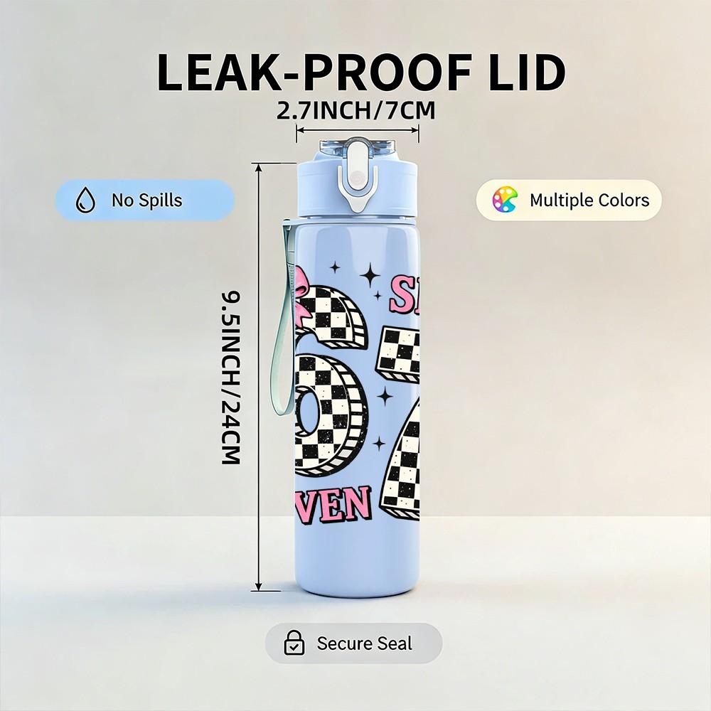 1PC 67 Checkerboard Retro Number Print 750ml Color Plastic Sports Water Bottle Leakproof Flip Straw Lid Suitable for Sports Office Home Use