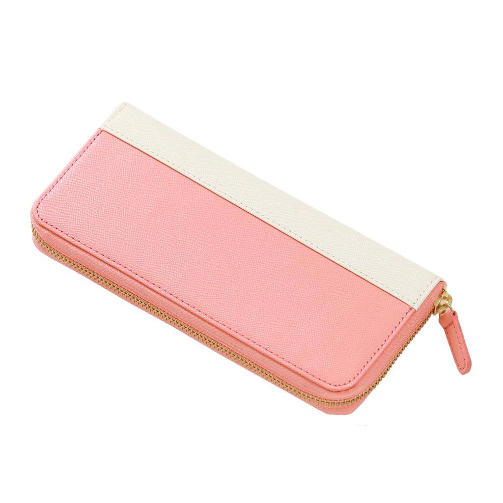 Long Genuine Round Large Capacity Pink X Ivory [Corale] Wallet, Women's Wallet, Leather, Bicolor, Zipper, (Flamingo White)