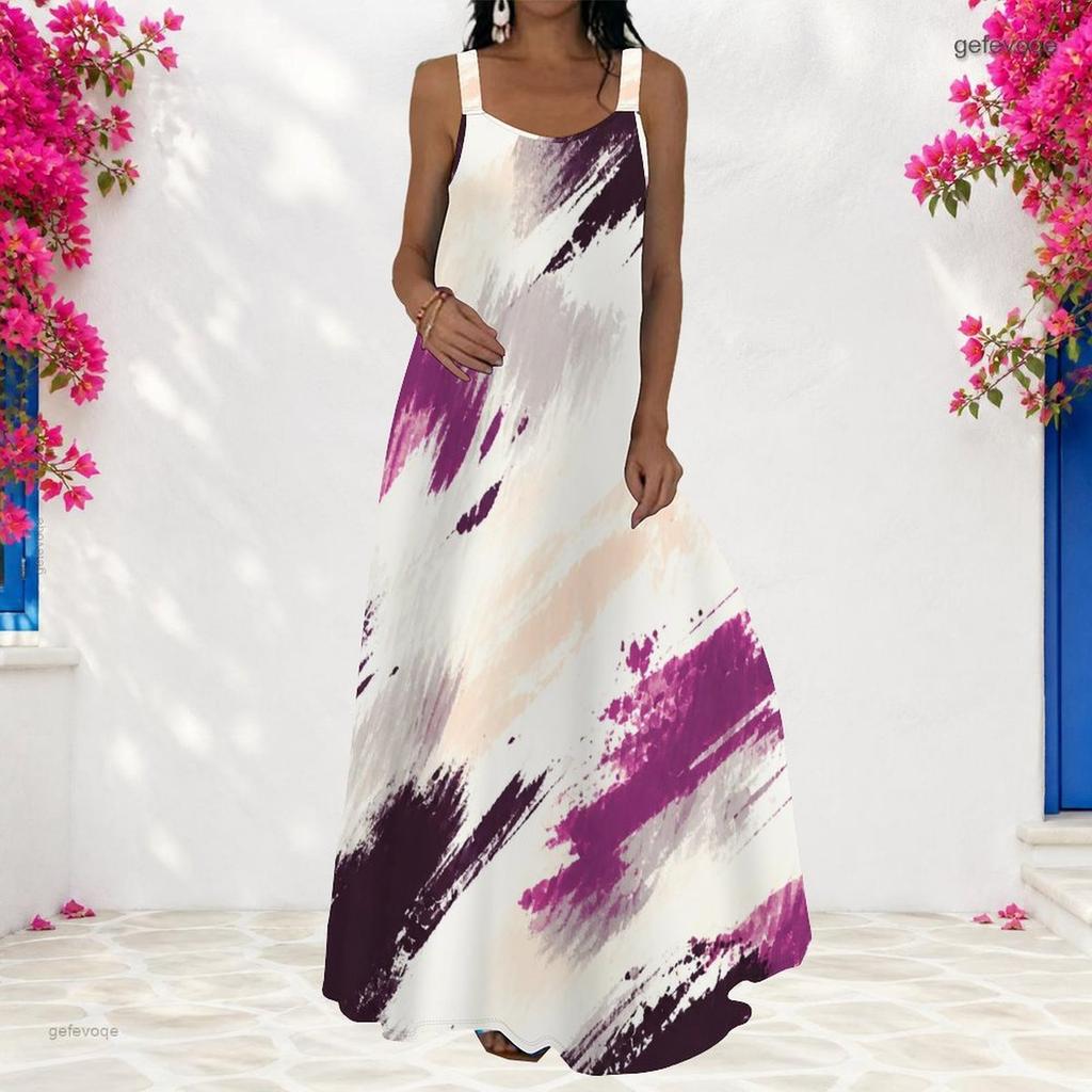 Women Plus Size Scoop Neck Strappy Sleeveless Marble Printed Dark Green Navy A Line Long Maxi Dress