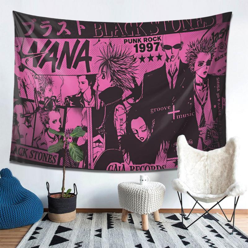 VIKAMA Nana Punk Rock Tapestry Black And Pink Anime Collage Wall Hanging For Bedroom Otaku Corner And Cozy Study Space Bold Art