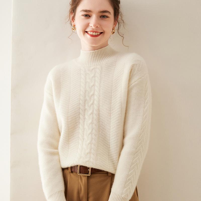 Женский кашемировый пуловер с полувысоким воротом и длинными рукавами - Однотонный, Повседневный, Свободный, Утепленный для осени/зимы.