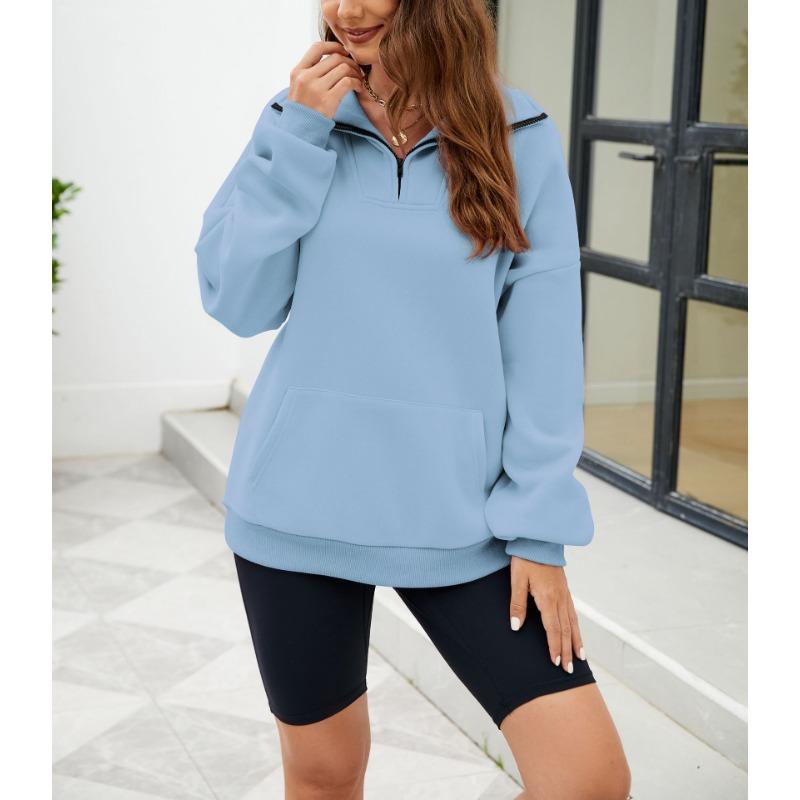 Осенне-зимняя однотонная женская свободная толстовка с воротником-стойкой на молнии