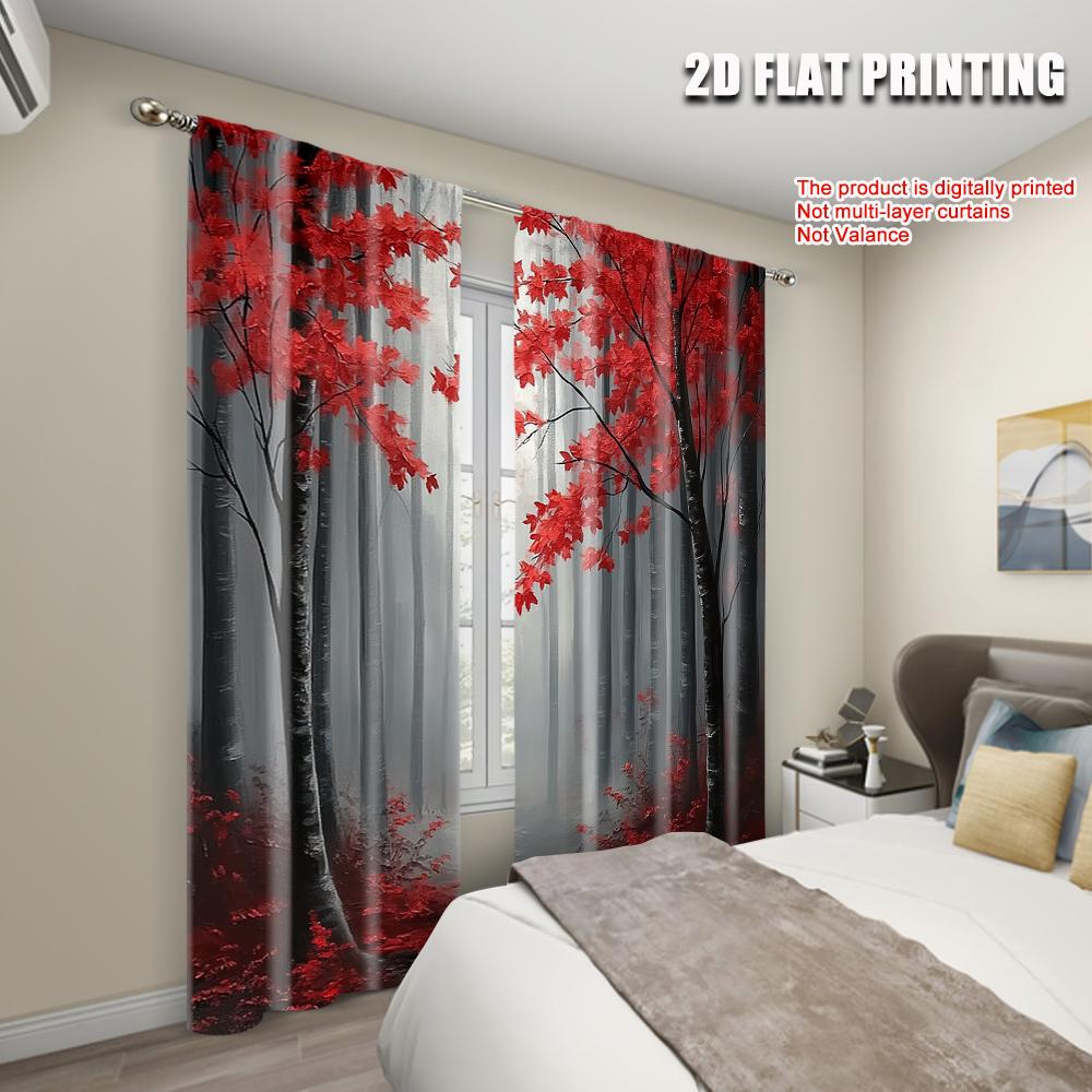 2pcs, Fashionable Curtains Print Art Deco Red Leaves Tree Print Versatile 100% Polyester (without Rod) All Seasons Perfect