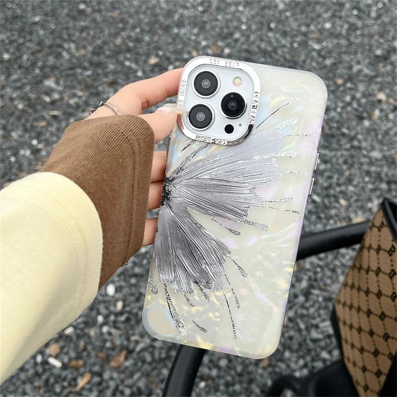 Роскошный корейский чехол для телефона с блестящим узором в виде ракушки бабочки для iPhone 15 14 13 12 Pro Max 11, защитный бампер для объектива