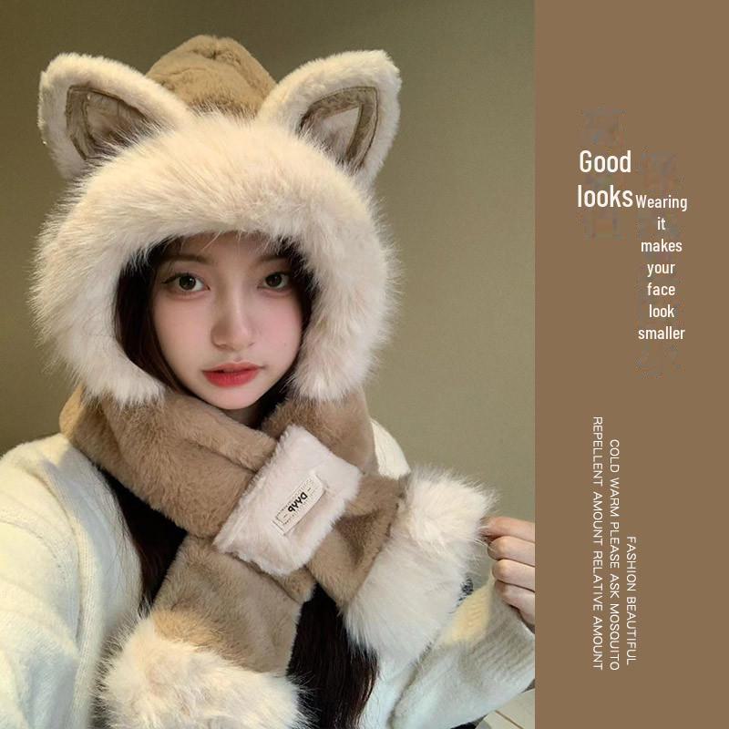 Women's Cozy Fox Ear Plush Hat with Integrated Scarf - Warm, Soft Lei Feng Design for Autumn and Winter. Perfect Ear Protection for Students.