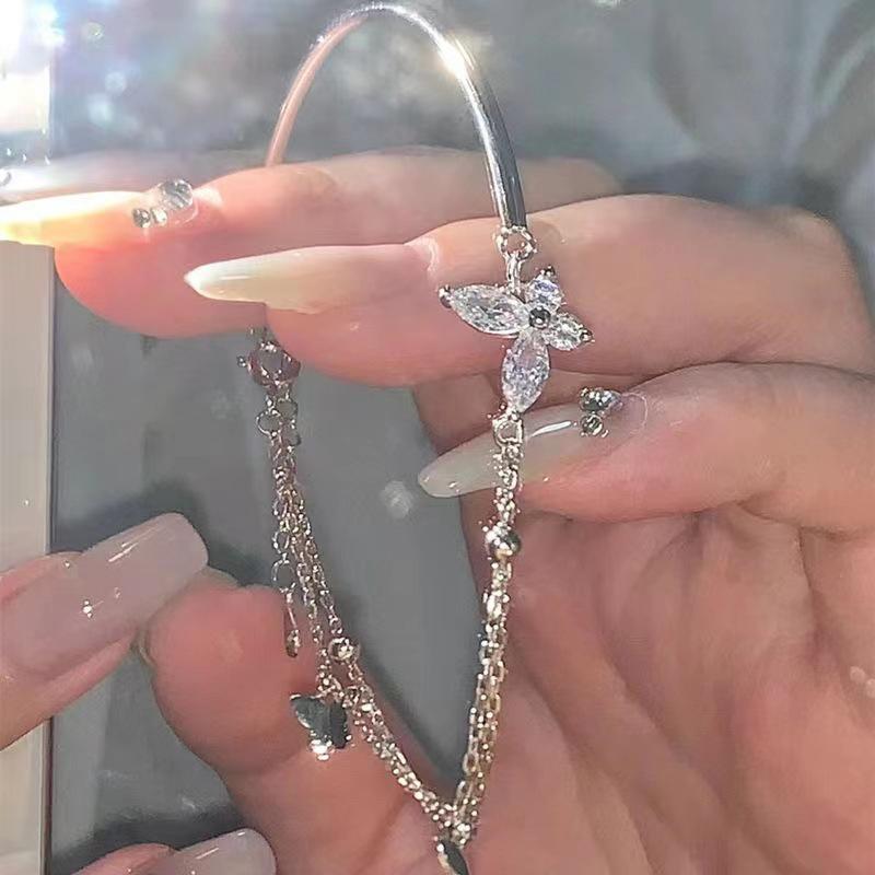 Butterfly Shiny Zircon Silver Color Bangle Light Luxury Multi-Layer Chain Bracelet For Women Hand Accessories Jewelry