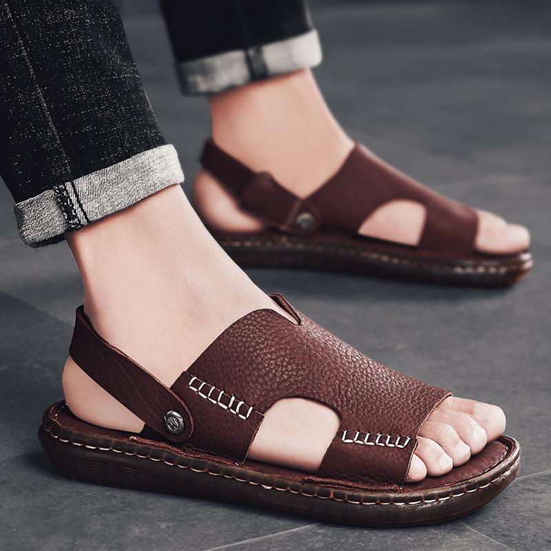 Мужские походные сандалии ручной работы, летние римские кожаные сандалии с открытым носком, пляжная обувь для папы, большие размеры