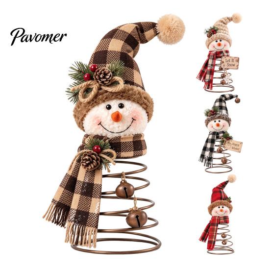 Handmade Christmas Crafts Snowman Tree Topper with Spring Base, 9.84 Inch Autumn Holiday Shelf Sitters Party Tabletop Ornament, Fall Harvest