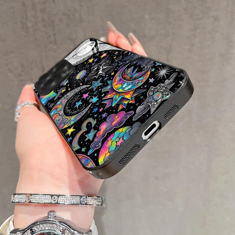 Цветной чехол для телефона со звездами и луной, стеклянный, для iPhone 17 16 15 14 13 12 11 Pro Max 16E 7 8 Plus XR XS X, противоударный