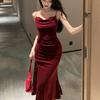 Vintage Sexy Club Prom Red Dresses for Women Spaghetti Strap Slit Velvet Dress Beach Bandage Bodycon Midi Dress Party Elegant