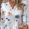 Top V Neck Lace Patchwork Flower Print Long Sleeve Loose Soft Colorfast