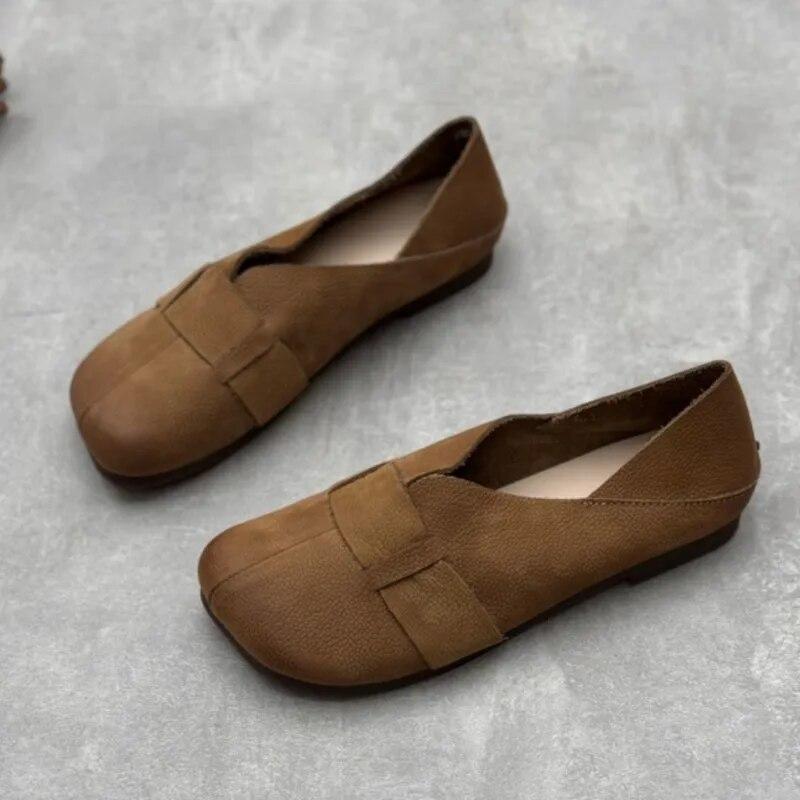 Johnature Retro Genuine Leather Soft Sole Flats Cowhide Women Shoes Handmade Casual Shallow Round Toe Slip-on Loafers