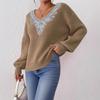 Lace Sequined Collar Flower Patchwork V-neck Pullover Top for Women, Loose and Laid-back Style Long-sleeved Sweater
