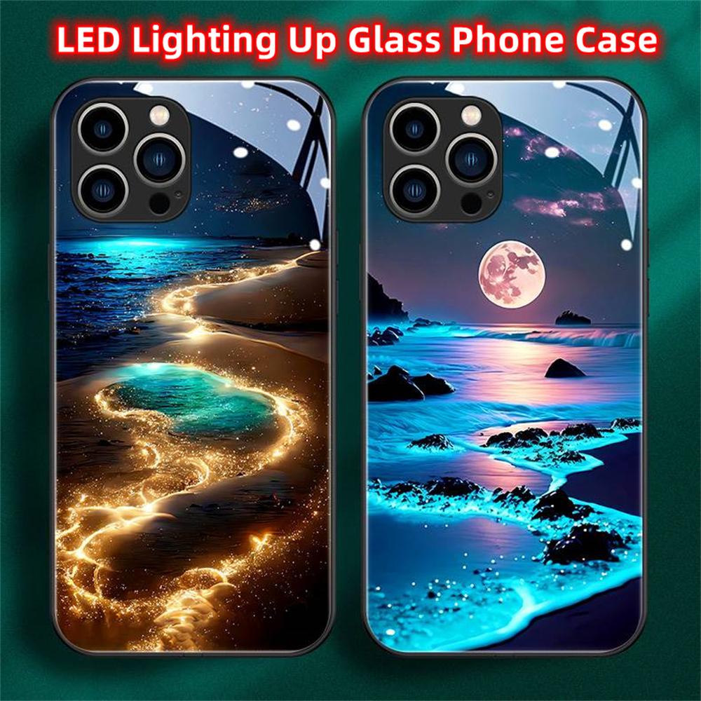 Luminous Phone Case Meteor Beach Luminous Glass LED Call Flash Phone Protective Case Suitable for IPhone