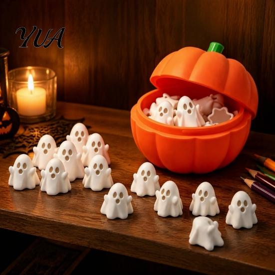 Halloween Gift for Kids Pumpkin Bucket with Mini Ghosts, Candy Bowl, Cute Ghost Seasonal Tabletop Accents Figurines, Party Snack Holder Farmhouse Home