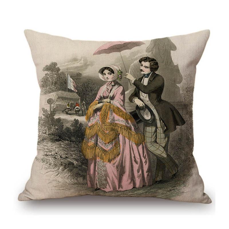 Antique Fashion Book Ettiquette Lady Dress European Costume Elegant Wear Cotton Linen Sofa Throw Pillow Case Chair Cushion Cover