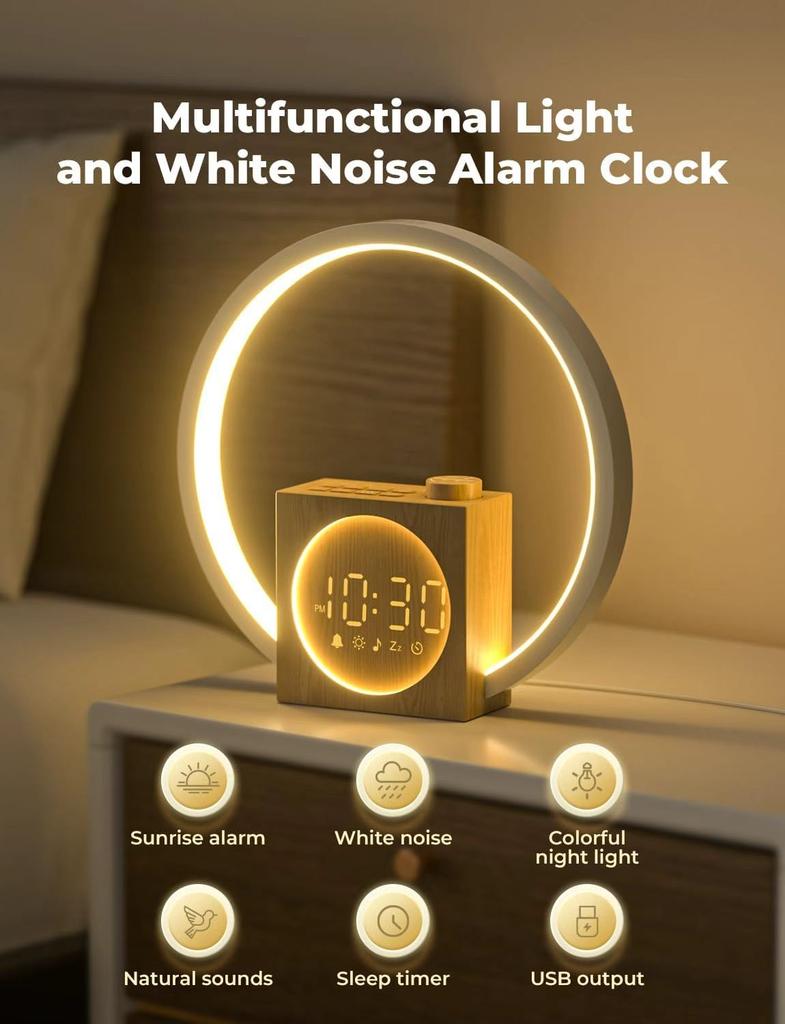 USB Charging RGB Sunrise Smart Table Clocks 12 Light Modes with White Noise Wake-Up Alarm Wood-Grain Finish Speakers