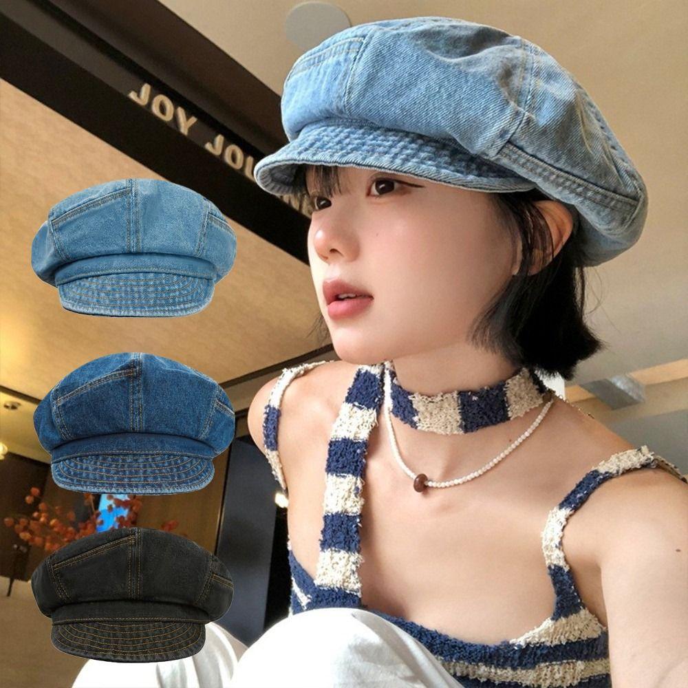 Newsboy Octagonal Cap Vintage Peaked Hat Korean Washed Denim Beret  Outdoor
