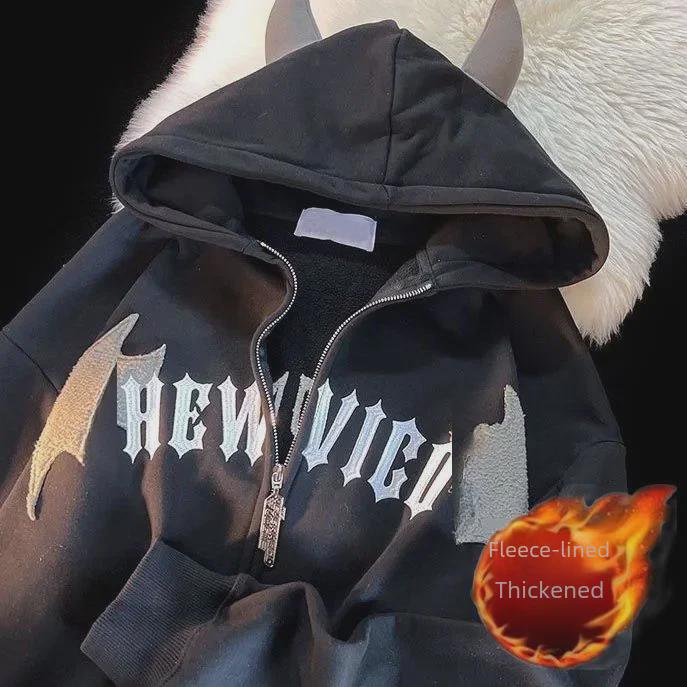 Куртка-свитер с капюшоном и бархатным узором Devil Horn для пары - Зимний нишевый дизайн