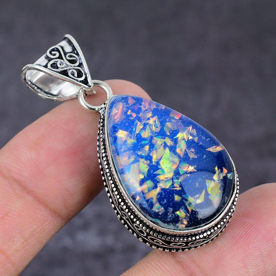 Подвеска из серебра 925 пробы с синим триплетным опалом в этническом стиле 1,93 дюйма Q8h35