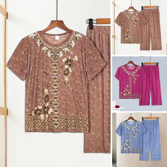 2 шт./компл. женский пижамный комплект среднего возраста с круглым вырезом и вышивкой, с коротким рукавом, большие размеры, эластичная талия, плиссированные