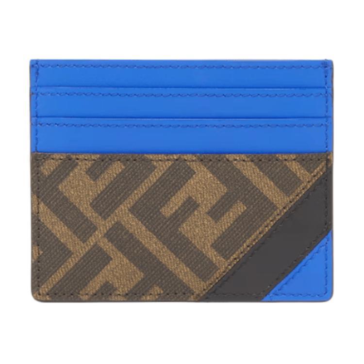 Fendi Diagonal Striped Texture Ff Pattern Calfskin Card Holder Men'S Blue And Brown