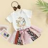 Летняя одежда для девочек, комбинезон с коротким рукавом и круглым вырезом, зебровый узор, леопардовое кружево, юбки в стиле пэчворк, повязка на голову, комплект из 3 предметов