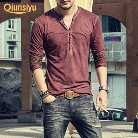 Men Solid Color Casual V Neck Thin Buttons T-shirt