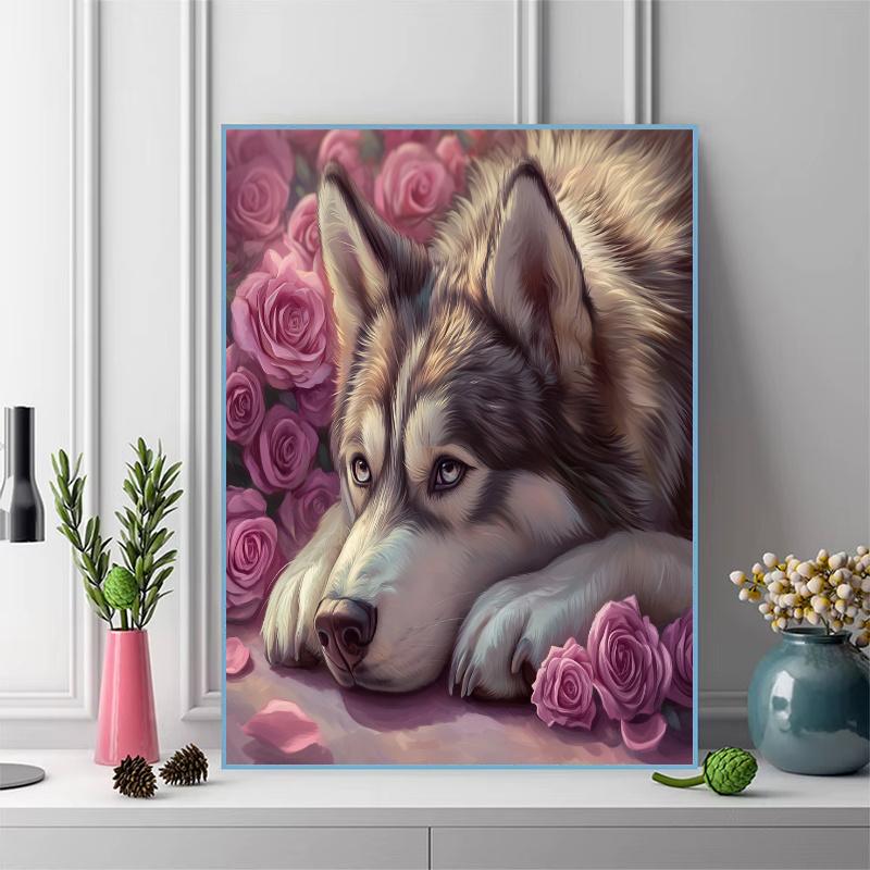 Siberian Husky and flowers Pattern 3pcs 100% Round Full Drill 5D DIY Diamond Painting Embroidery Cross Stitch Rhinestone Décor