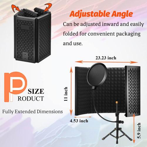 Microphone Isolation Shield with Five Panels, Portable Tripod Stand, Filter, Reflection Filter, High-Density Sound Absorbing Material, Desktop Compati